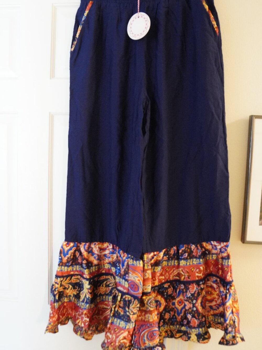 Umgee Navy Wide Leg Palazzo Pants Paisley Boho Hem Size Large NWT - Picture 1 of 5